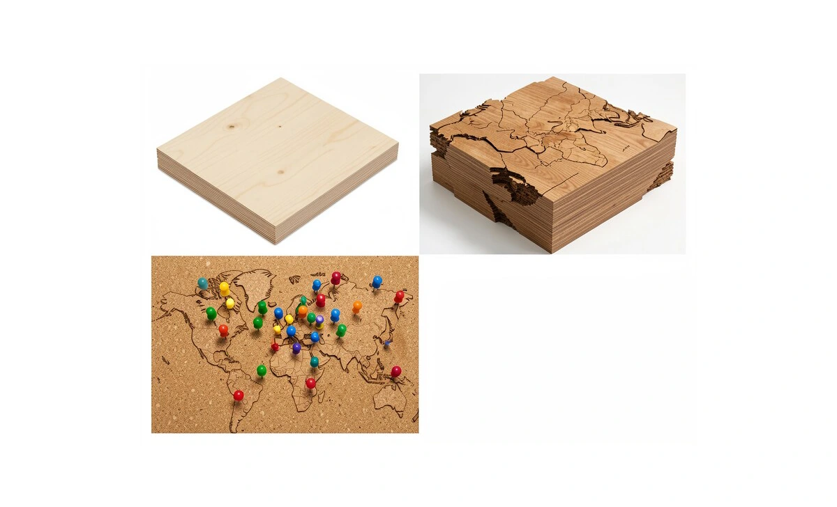 Four different types of wooden USA maps showing 2D, 3D, push pin, and LED styles