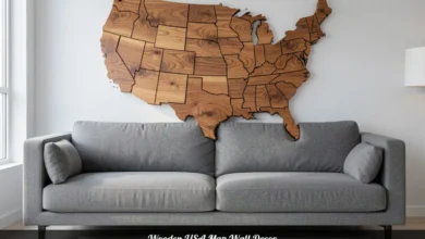 3D wooden USA map wall decor mounted above sofa in modern living room