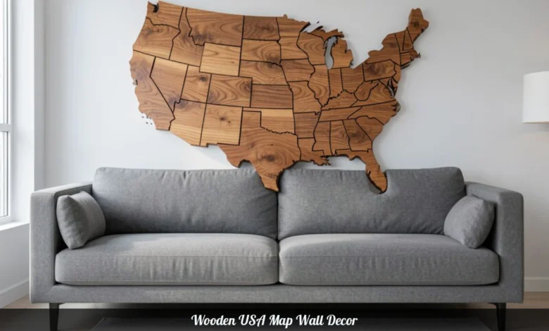 3D wooden USA map wall decor mounted above sofa in modern living room