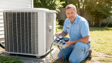 HVAC technician repairing a home AC unit outdoors during a service visit