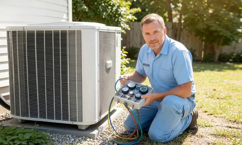 HVAC technician repairing a home AC unit outdoors during a service visit