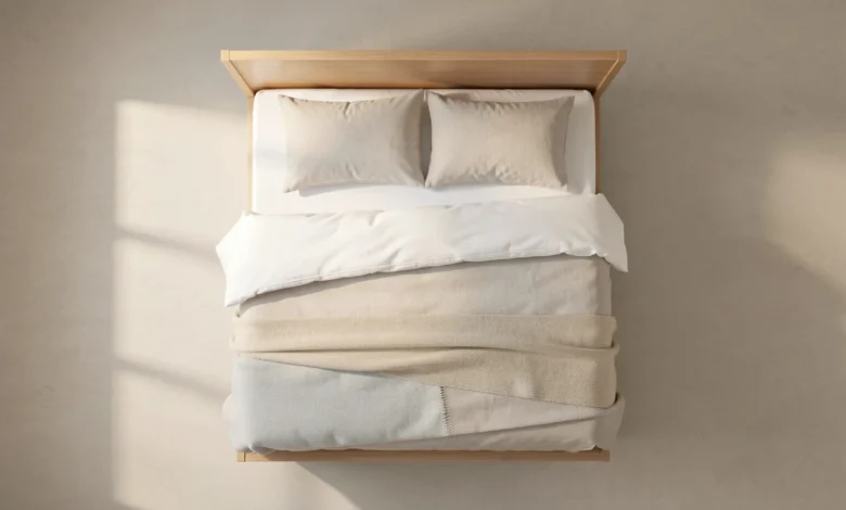 A neatly made bed with a white inexpensive mattress and neutral bedding in a simple bedroom setting