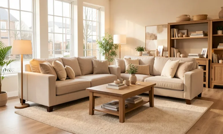 Cascade Home Décor showroom featuring a cozy sofa display with warm lighting and wood furniture