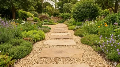 Cheap DIY garden path made of stepping stones and pea gravel in a backyard