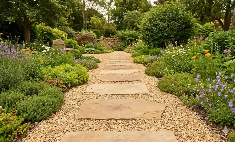 Cheap DIY Garden Path Ideas That Look Like You Spent More - Gardening | HomeImprovementGeek Cheap DIY garden path made of stepping stones and pea gravel in a backyard