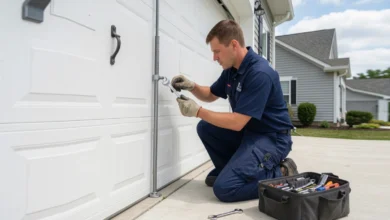 A technician performing Columbus garage door repair on a residential home
