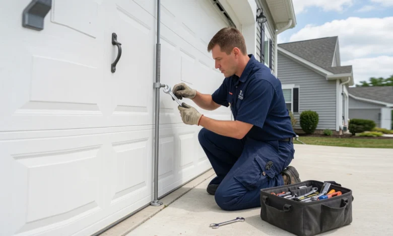 A technician performing Columbus garage door repair on a residential home