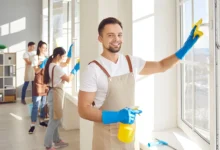 Professional team providing commercial janitorial services in a London office building