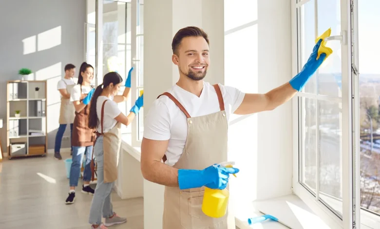 Professional team providing commercial janitorial services in a London office building