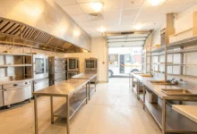 Inside view of a licensed commissary kitchen with stainless steel equipment and prep tables
