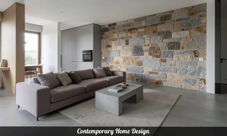 Contemporary home design living room with open floor plan, large windows, and natural wood and stone finishes
