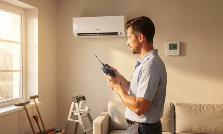 HVAC technician inspecting a ductless mini split system indoors to diagnose why it stopped cooling and perform ductless repair.