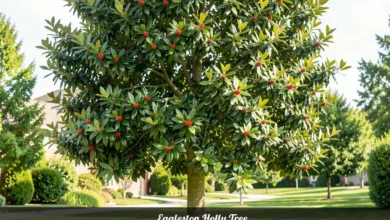 Eagleston Holly tree with red berries and dark green leaves growing in a residential landscape
