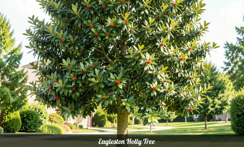 Eagleston Holly tree with red berries and dark green leaves growing in a residential landscape