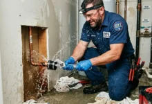 Emergency plumber fixing a burst pipe in a home