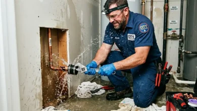 Emergency plumber fixing a burst pipe in a home