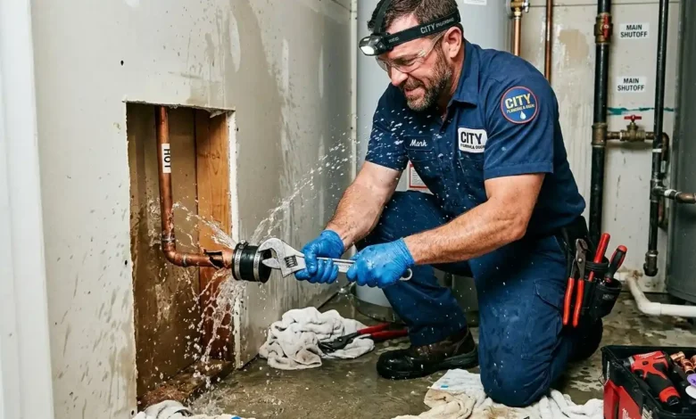 Emergency plumber fixing a burst pipe in a home