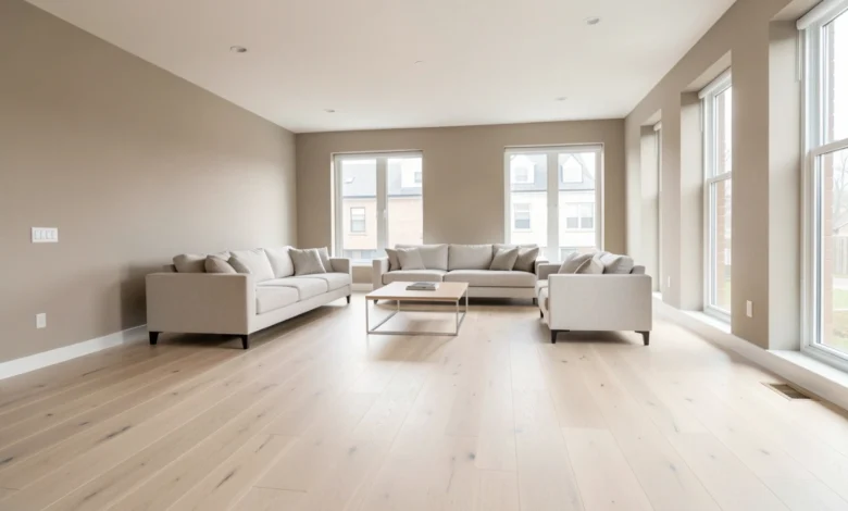 Natural white oak hardwood floor colors in a modern living room with warm neutral walls