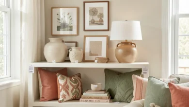 Home Decor Clearance items including wall art, throw pillows, a table lamp, and ceramic vases styled on a living room shelf