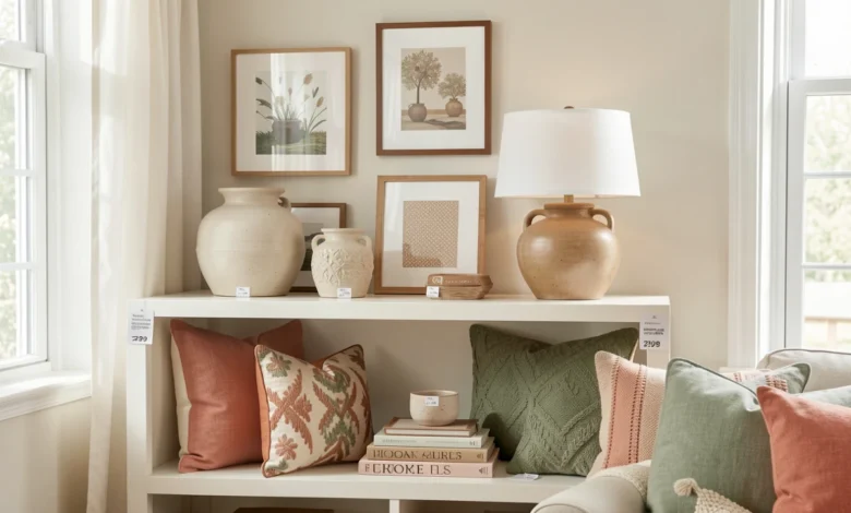 Home Decor Clearance items including wall art, throw pillows, a table lamp, and ceramic vases styled on a living room shelf