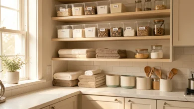 Neatly organized kitchen shelves with labeled clear bins and grouped items for home organization