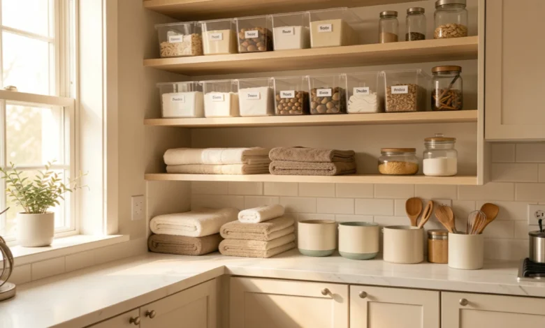 Neatly organized kitchen shelves with labeled clear bins and grouped items for home organization