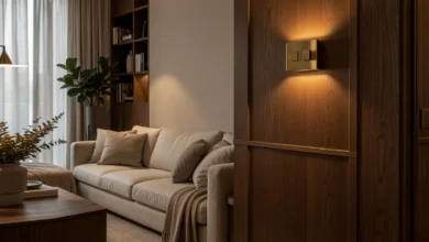 A warm modern living room showing home smart decoradtech design with subtle smart lighting and hidden charging furniture