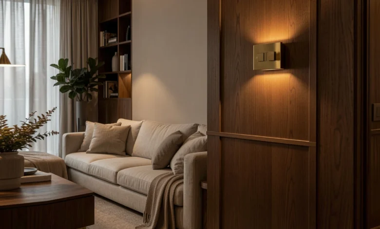 A warm modern living room showing home smart decoradtech design with subtle smart lighting and hidden charging furniture