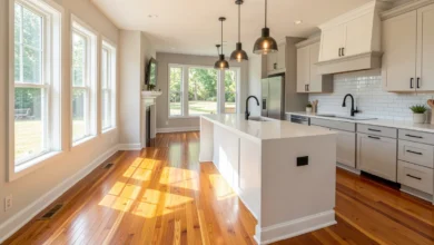 Renovated kitchen and living room interior showing house renovation heartomenal results with hardwood floors and modern fixtures