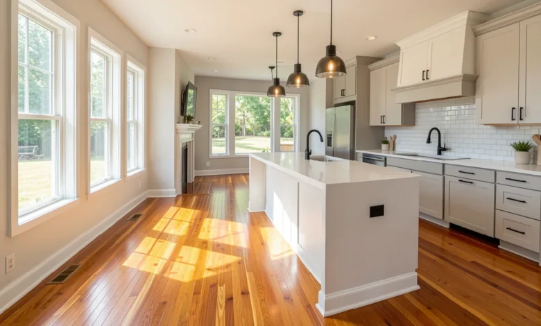 Renovated kitchen and living room interior showing house renovation heartomenal results with hardwood floors and modern fixtures