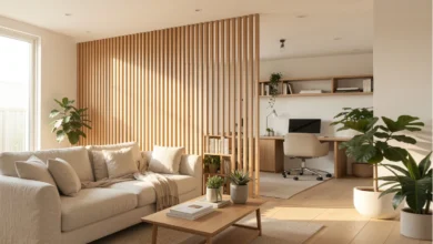A wood slat panel used as a living room divider idea to separate a seating area from a home office