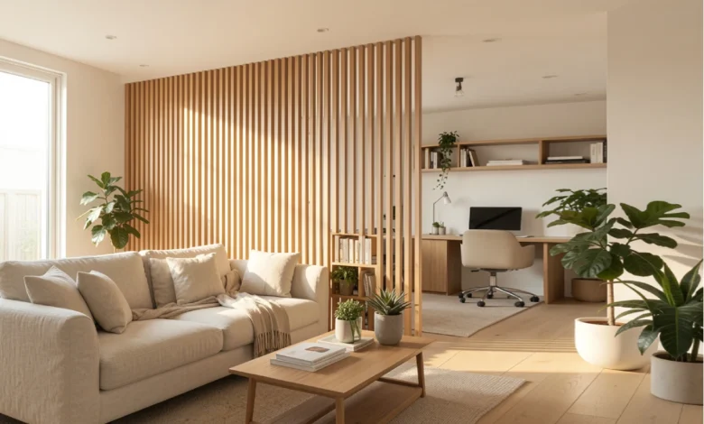 A wood slat panel used as a living room divider idea to separate a seating area from a home office