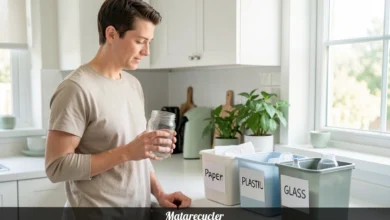 Person sorting recyclables at home using the Matarecycler approach to conscious waste management