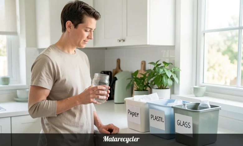 Person sorting recyclables at home using the Matarecycler approach to conscious waste management