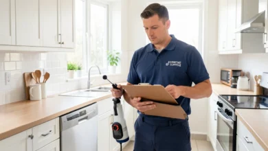 Professional pest services technician inspecting a home for insects and rodents