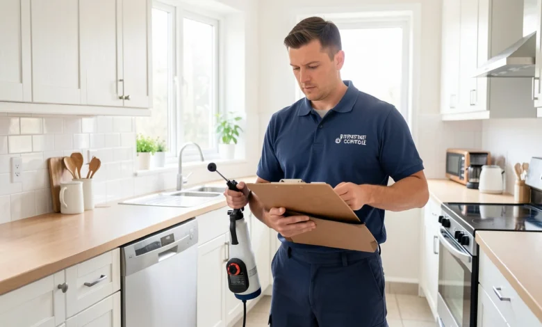 Professional pest services technician inspecting a home for insects and rodents