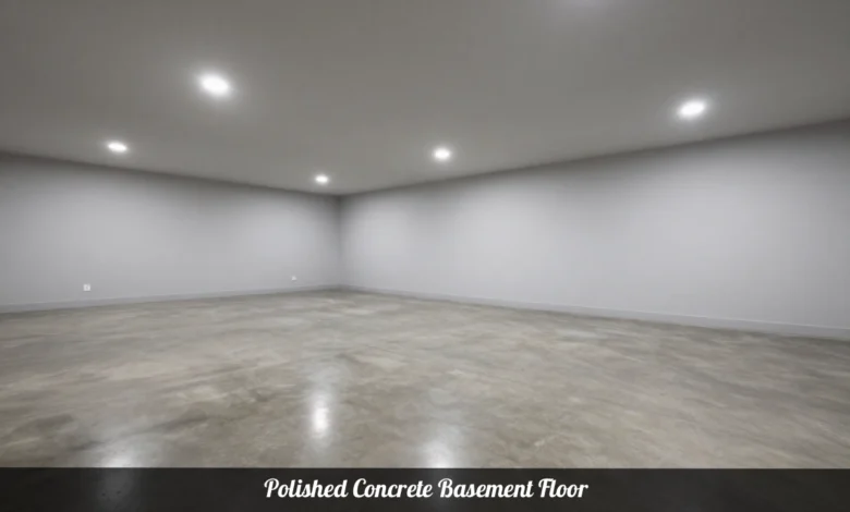 Polished concrete basement floor with high-gloss finish reflecting overhead lighting in a clean, finished basement