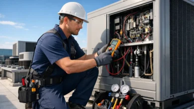 Technician performing preventative HVAC maintenance on a commercial system