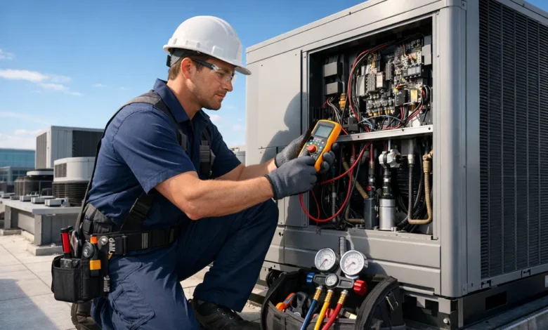 Technician performing preventative HVAC maintenance on a commercial system