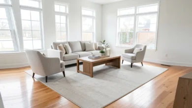 A living room with an 8x10 area rug anchoring a sofa and two chairs showing correct rug sizes for living room furniture placement