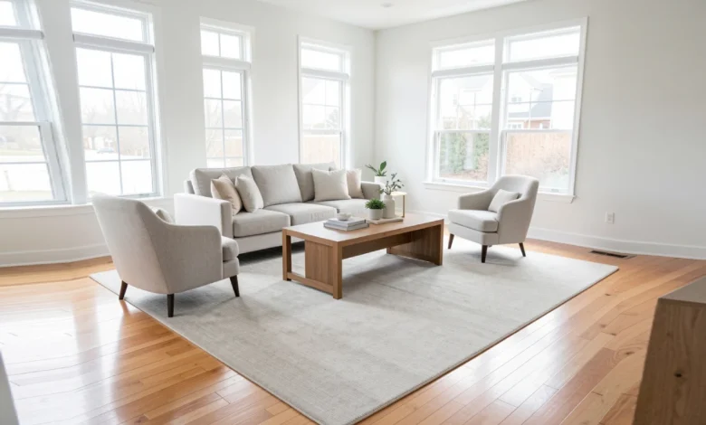 A living room with an 8x10 area rug anchoring a sofa and two chairs showing correct rug sizes for living room furniture placement