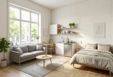 Small Studio for Rent with a compact kitchen, large window, and defined sleeping and living zones.