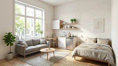 Small Studio for Rent with a compact kitchen, large window, and defined sleeping and living zones.