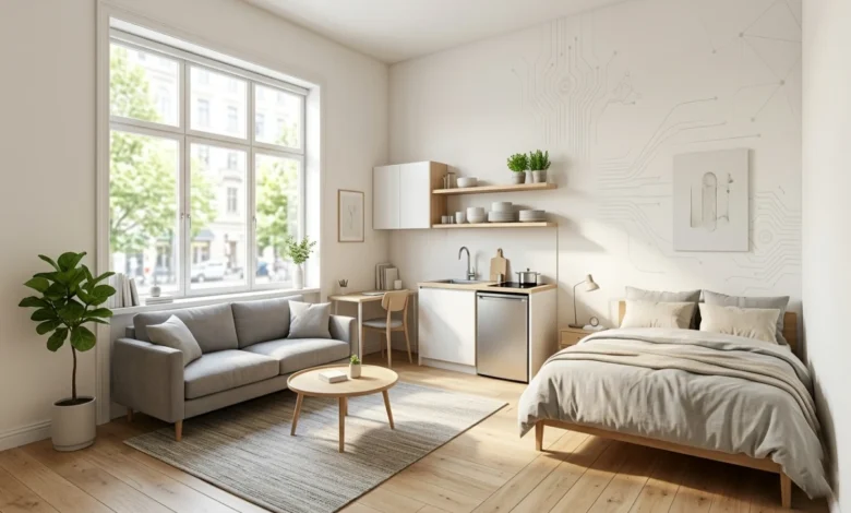 Small Studio for Rent with a compact kitchen, large window, and defined sleeping and living zones.