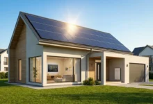 Smart home solar system with solar panels on roof and smart devices inside