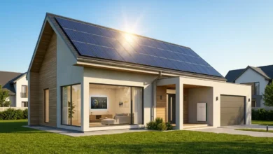 Smart home solar system with solar panels on roof and smart devices inside