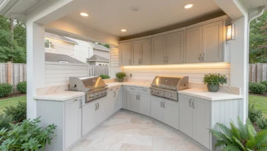 Modern Summer Kitchen with built-in grill, stone countertops, and covered patio structure in a backyard