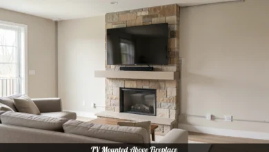 TV above fireplace mounted on a stone wall with a pull-down bracket and clean cable management in a modern living room