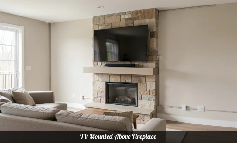 TV above fireplace mounted on a stone wall with a pull-down bracket and clean cable management in a modern living room