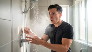 Person reacting to cold water in shower due to water heater running out of hot water